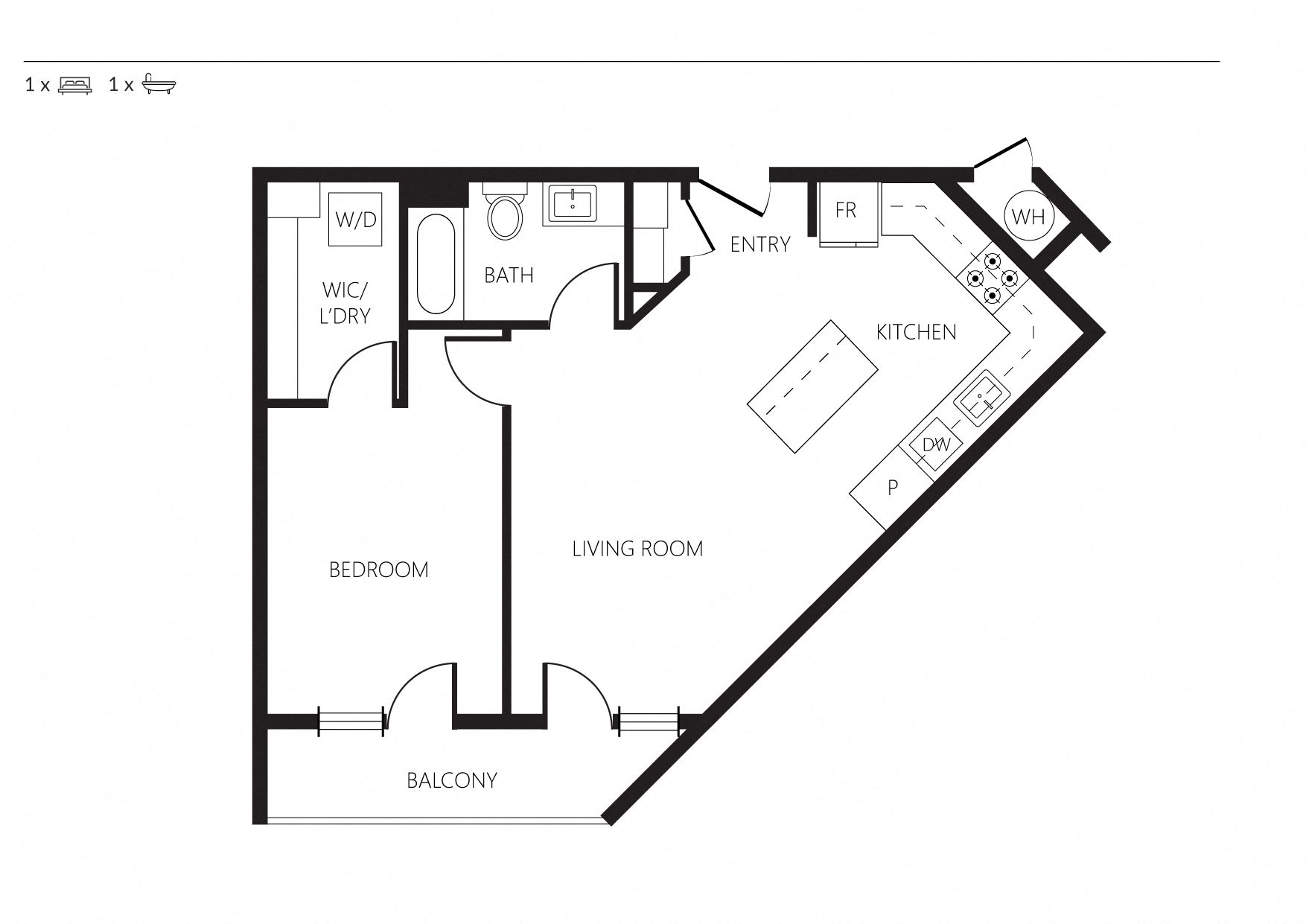 Floor plan for 1 bed, 1 bath, 730 sqft